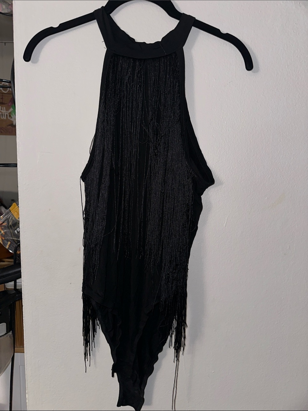 Amazon Black Halter Fringe Bodysuit with Draped Neck